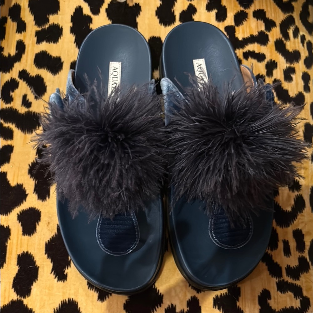 Aquazzura Boudoir footbed Pom-Pom feathers Slippers 9